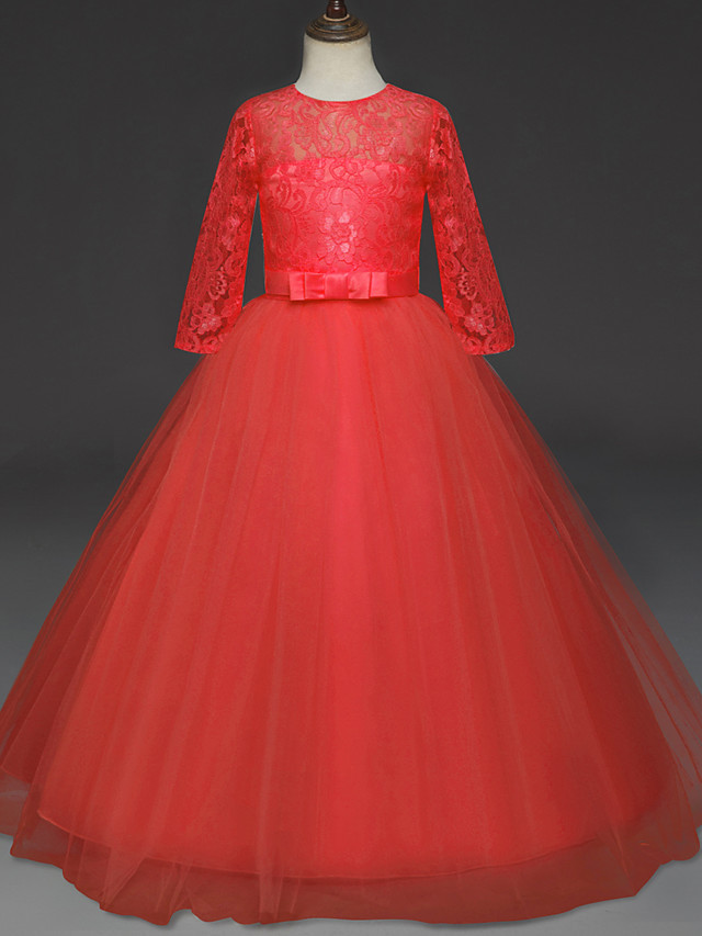 Princess Long Length Wedding / Party / Pageant Flower Girl Dresses - Lace / Tulle Half Sleeve Jewel Neck With Lace / Belt