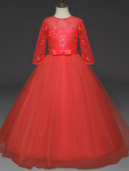 Princess Long Length Wedding / Party / Pageant Flower Girl Dresses - Lace / Tulle Half Sleeve Jewel Neck With Lace / Belt