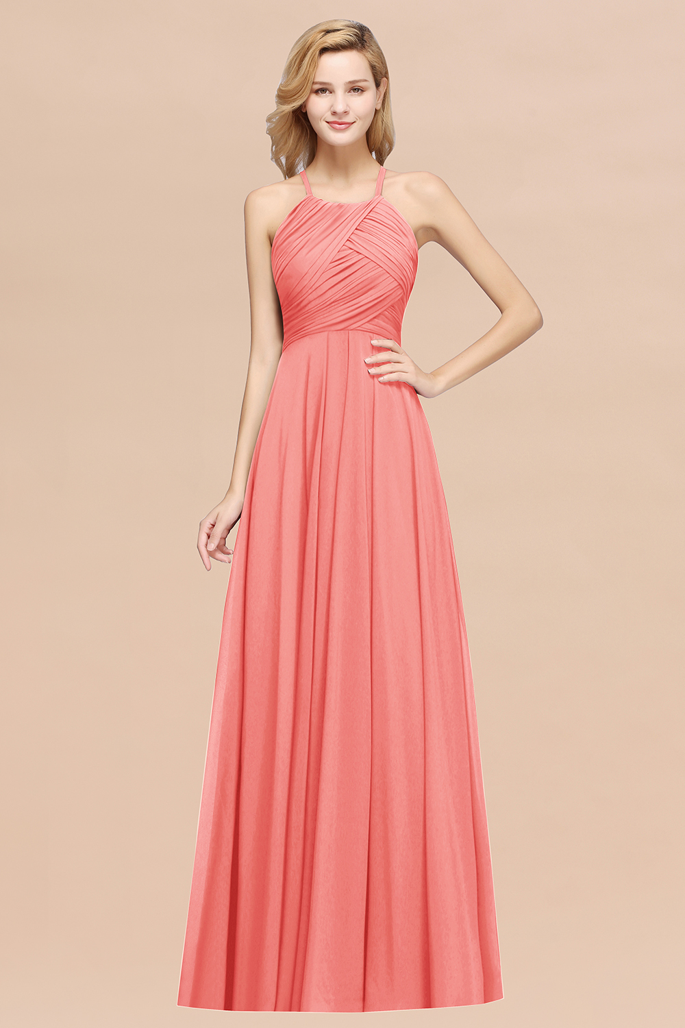 A-Line Chiffon Halter Ruffles Floor-Length Bridesmaid Dress