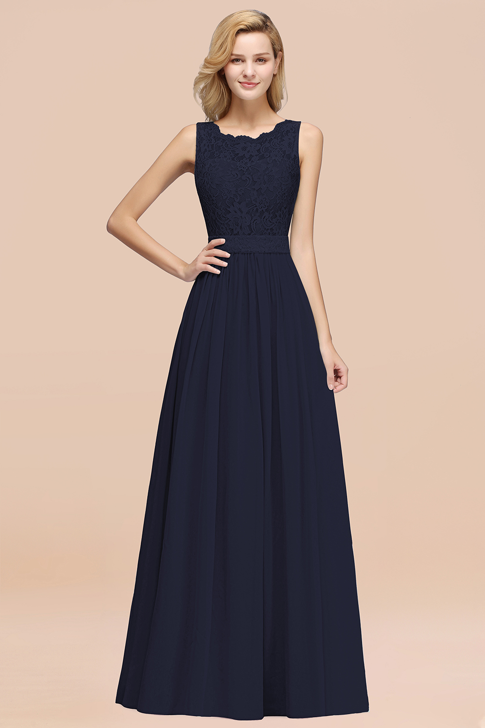 Chiffon A-Line Lace Scalloped Sleeveless Long Ruffles Bridesmaid Dress