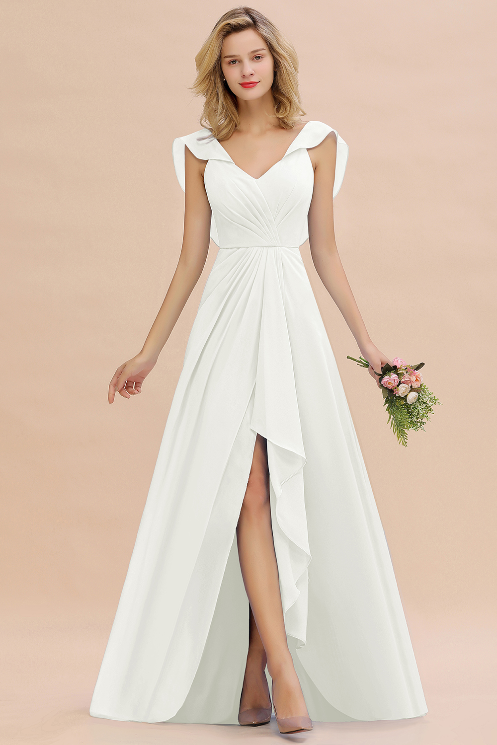BM0777 Simple Hi-Lo V-Neck Ruffles Long Bridesmaid Dress