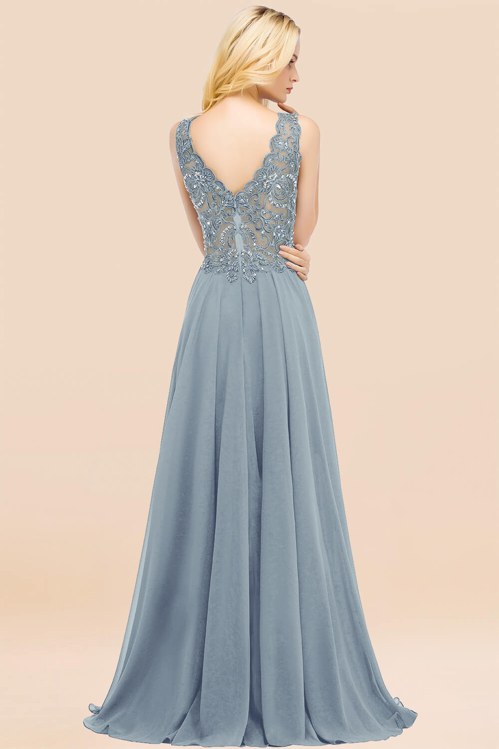 A-line Chiffon Appliques V-neck Sleeveless Floor-Length Bridesmaid Dresses with Crystals