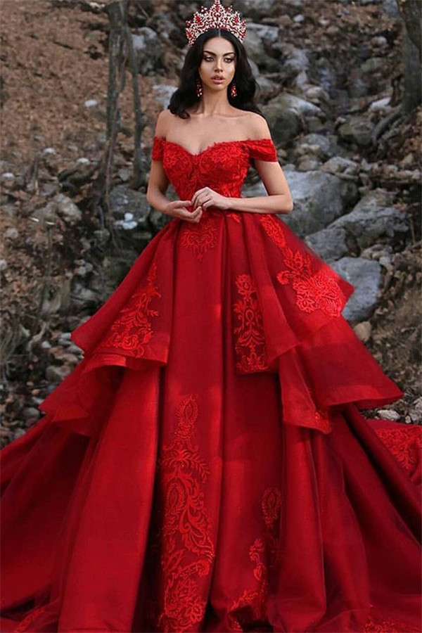 Red Long Off the Shoulder Satin Lace Ball Gown Prom Dress