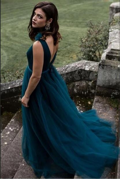 Elegant Long A-line V-neck Tulle Floor-length Prom Dress