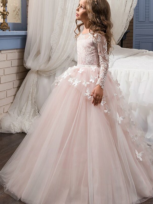 Long A-line Tulle Lace Jewel Neck Party Flower Girl Dresses with Sleeeves