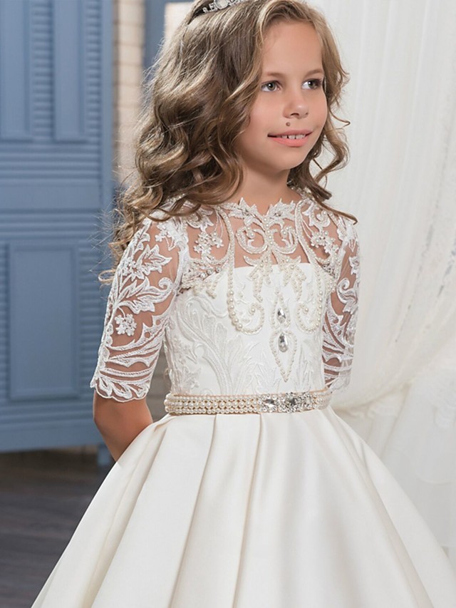 Ball Gown Sweep / Brush Train Wedding / Birthday / Pageant Flower Girl Dresses - Matte Satin Half Sleeve Jewel Neck With Embroidery / Bandage