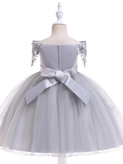 Princess Above Knee Wedding / Party / Pageant Flower Girl Dresses - Satin / Tulle Short Sleeve Off Shoulder With Lace / Beading / Appliques