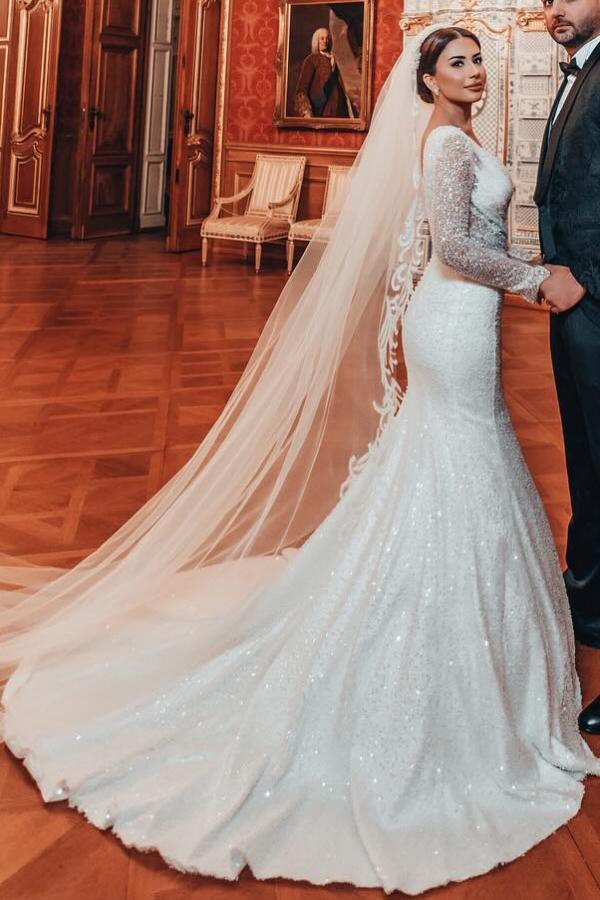 Long Sleeves Mermaid V-neck Sequined Wedding Dresses with Detachable Train