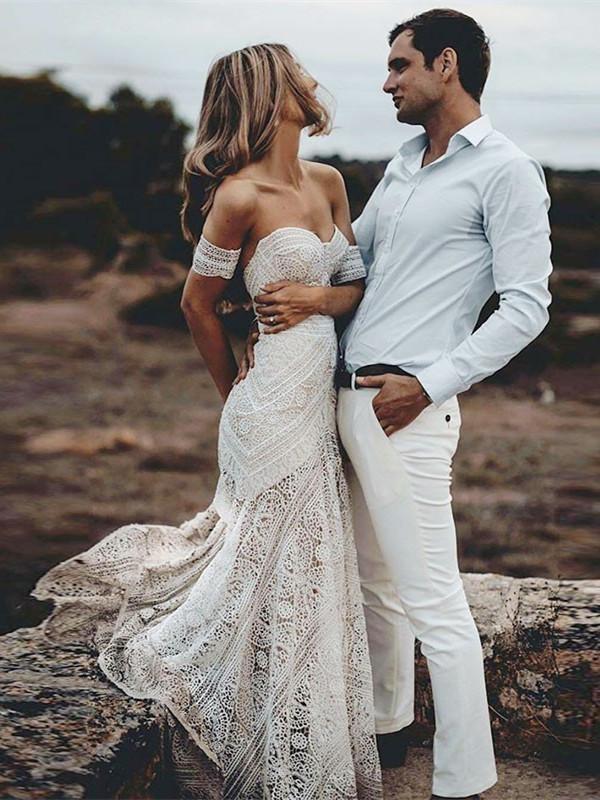 Beach Long Mermaid Sweetheart Lace Boho Wedding Dresses