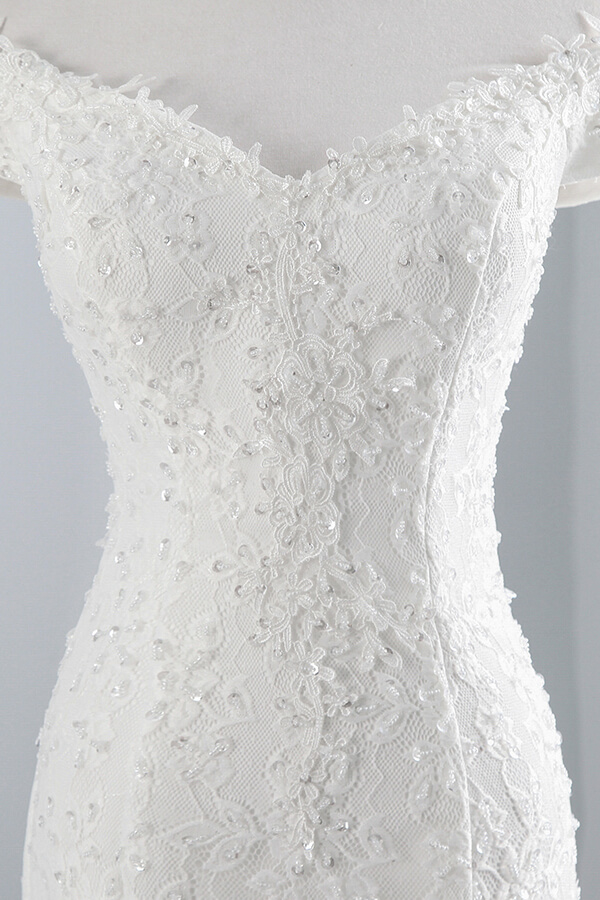 Long Off the Shoulder Lace-up Mermaid Lace Wedding Dress