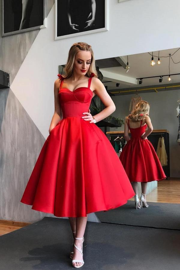 Elegant Red Short A-line Sweetheart Satin Prom Dress with Pockets