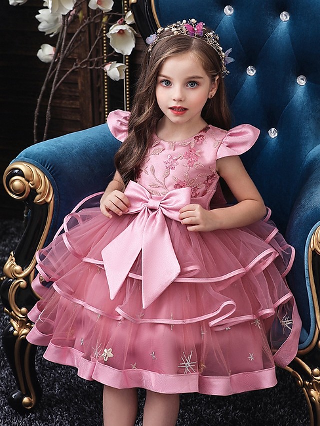 Princess / Ball Gown Knee Length Wedding / Party Flower Girl Dresses - Tulle Short Sleeve Jewel Neck With Bow(S) / Embroidery / Cascading Ruffles