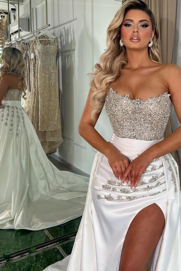 Glamorous Long White Mermaid Sweetheart Satin Beading Prom Dresses with Split