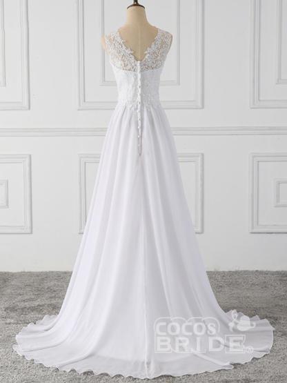 Elegant Long Chiffon V-Neck Sleeveless Covered Button Ruffles Wedding Dresses