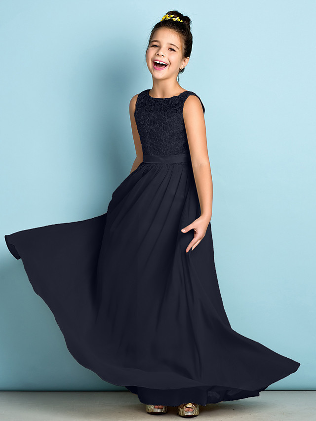 A-Line Scoop Neck Floor Length Chiffon / Lace Junior Bridesmaid Dress With Lace / Natural / Mini Me