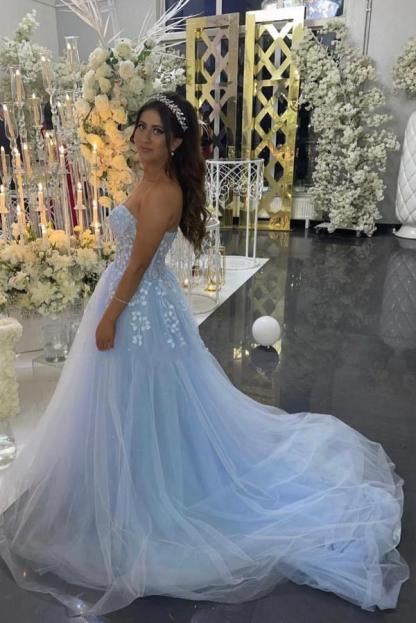 Sky Blue Long A-line Sweetheart Tulle Lace Prom Dresses