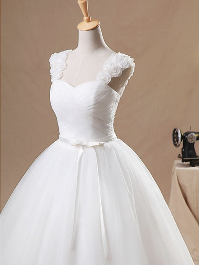 Long Ball Gown Jewel Neck Floor Length Chiffon Tulle Sleeveless Wedding Dresses