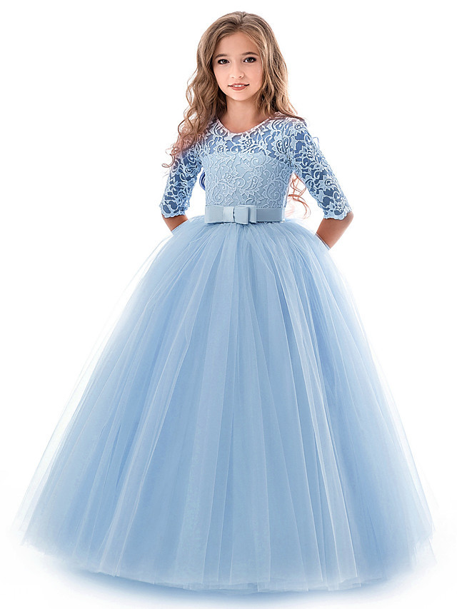 Princess Long Length Wedding / Party / Pageant Flower Girl Dresses - Lace / Tulle Half Sleeve Jewel Neck With Lace / Belt