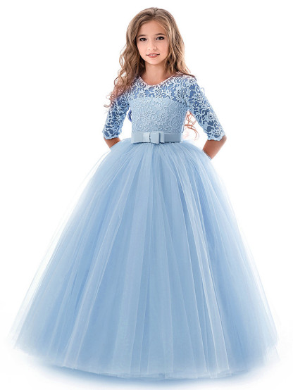 Princess Long Length Wedding / Party / Pageant Flower Girl Dresses - Lace / Tulle Half Sleeve Jewel Neck With Lace / Belt