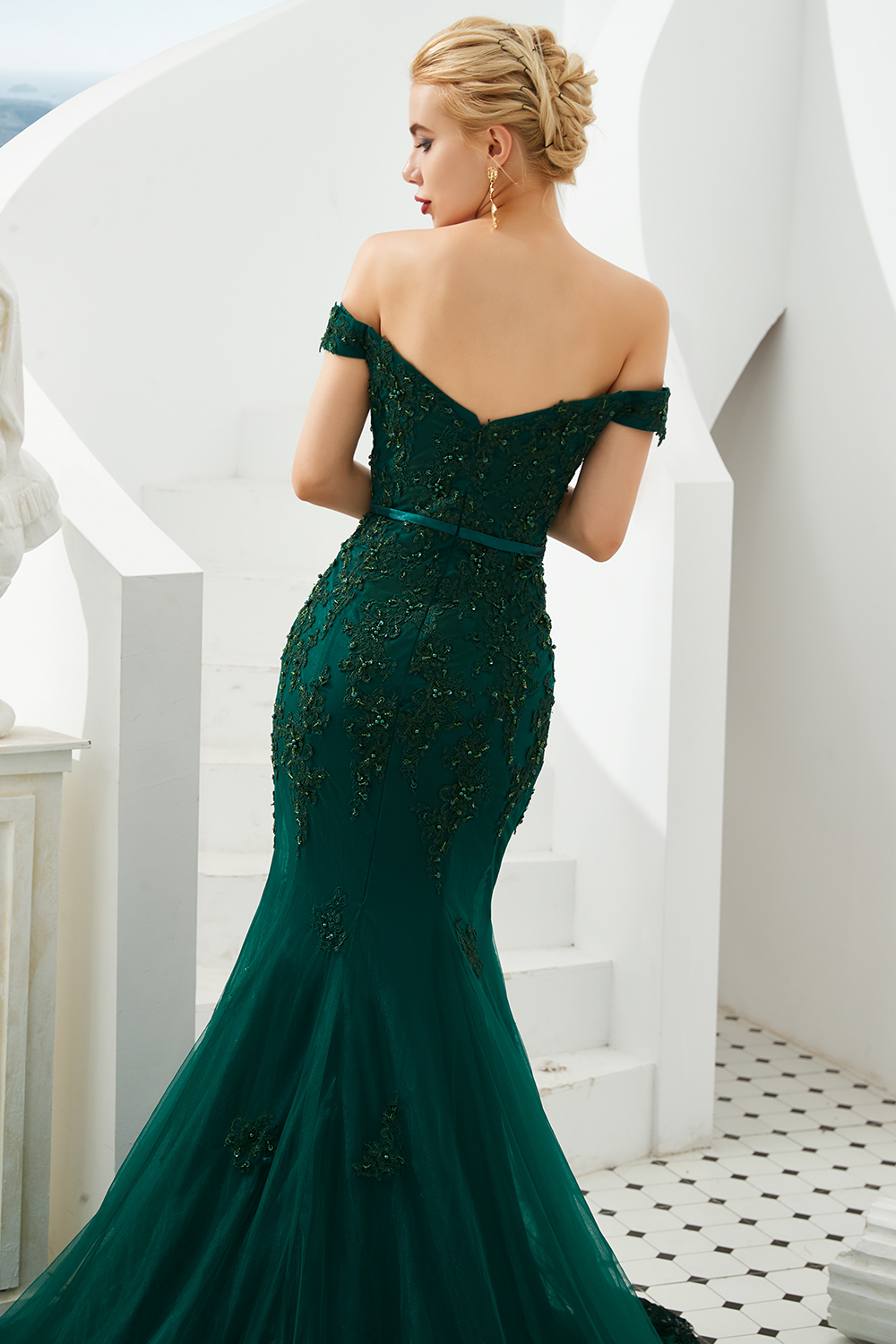 Elegant Dark Green Long Mermaid Off-the-shoulder Tulle Lace Formal Evening Dresses