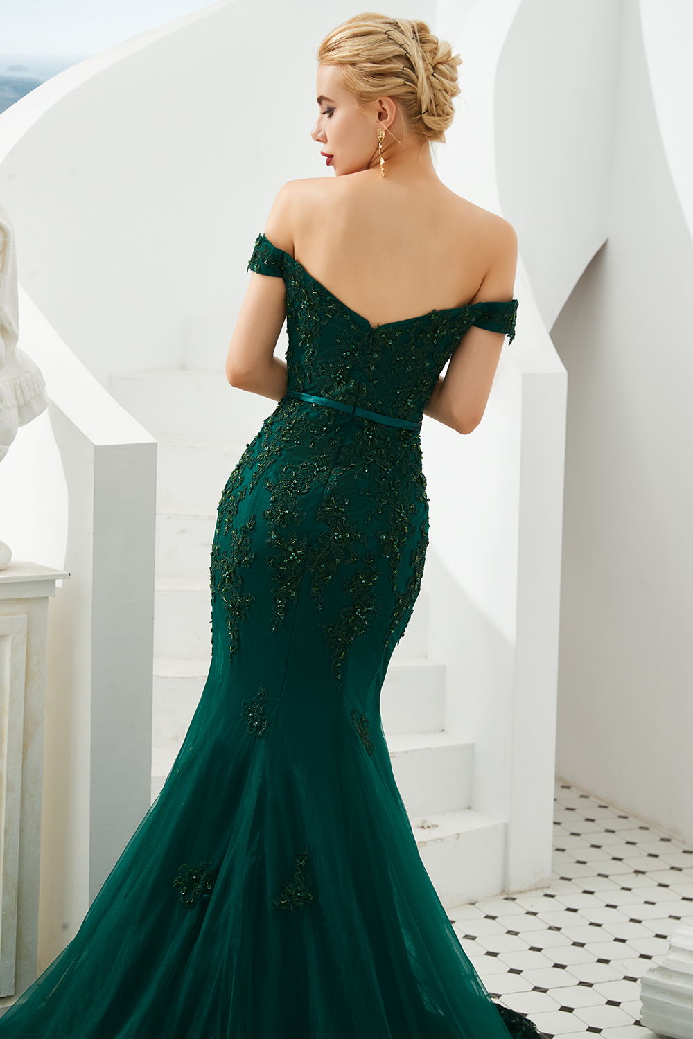 Elegant Dark Green Long Mermaid Off-the-shoulder Tulle Lace Formal Evening Dresses