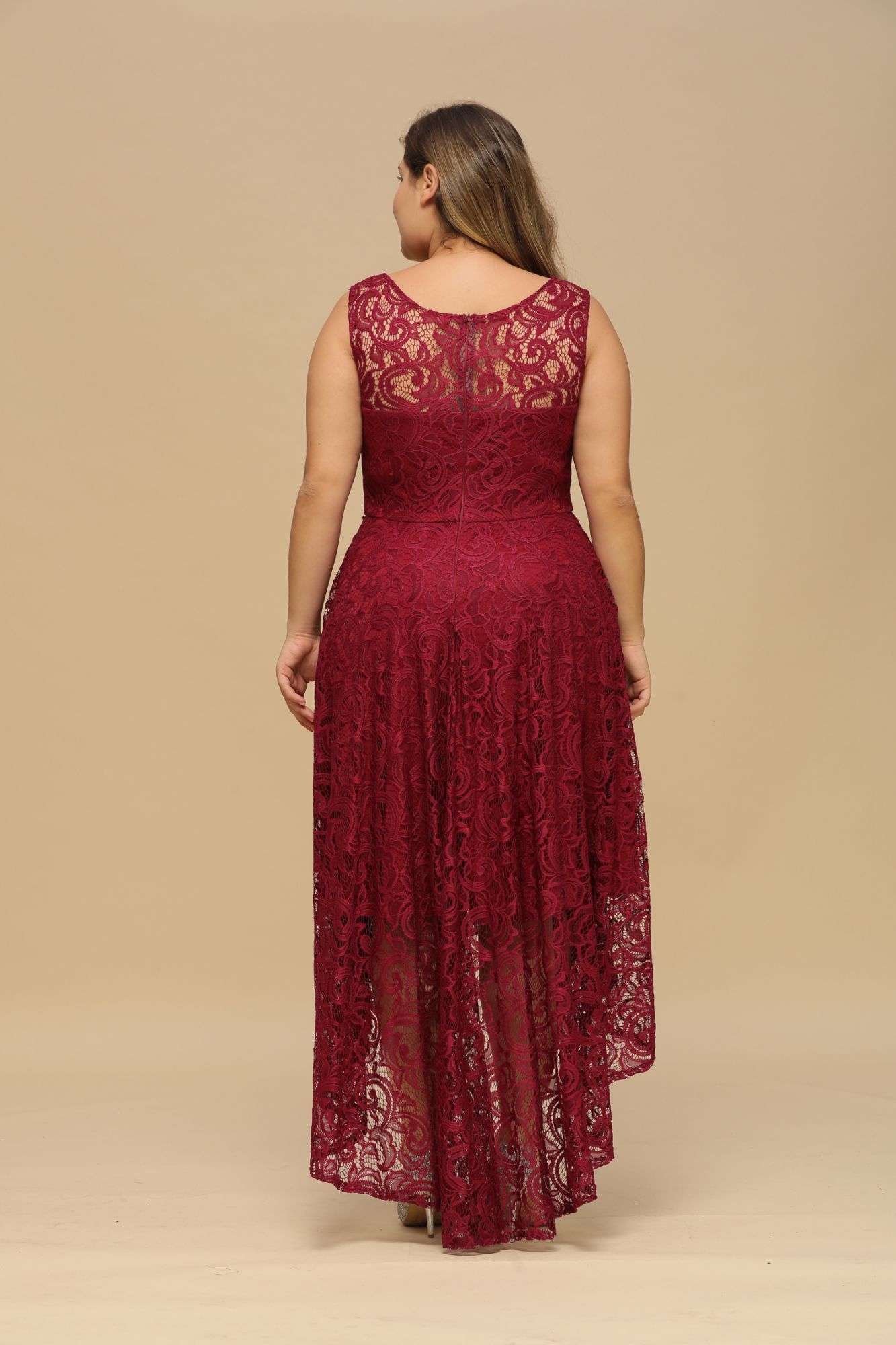 Chic Burgundy Off The Shoulder Floral Lace Hi-Lo Formal Dress Scoop Neck Party Wear Dress
