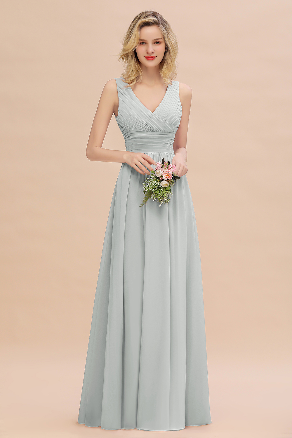Elegant A-line V-Neck Ruffles Long Bridesmaid Dress