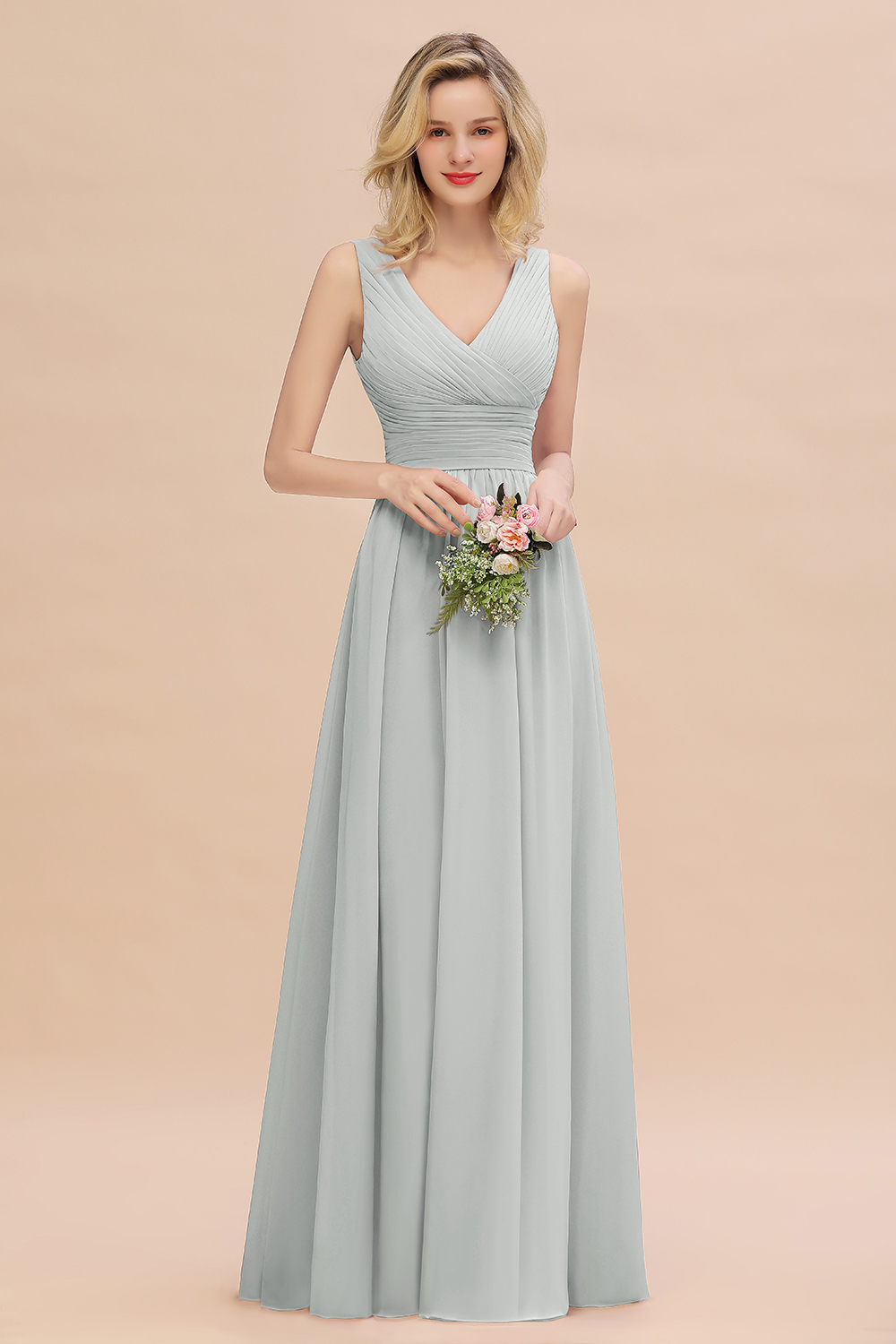 Elegant A-line V-Neck Ruffles Long Bridesmaid Dress