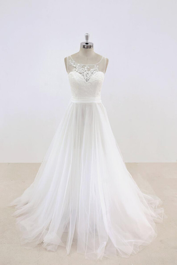 Elegant Long Illusion Lace Tulle A-line Wedding Dress