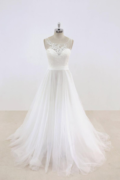 Elegant Long Illusion Lace Tulle A-line Wedding Dress