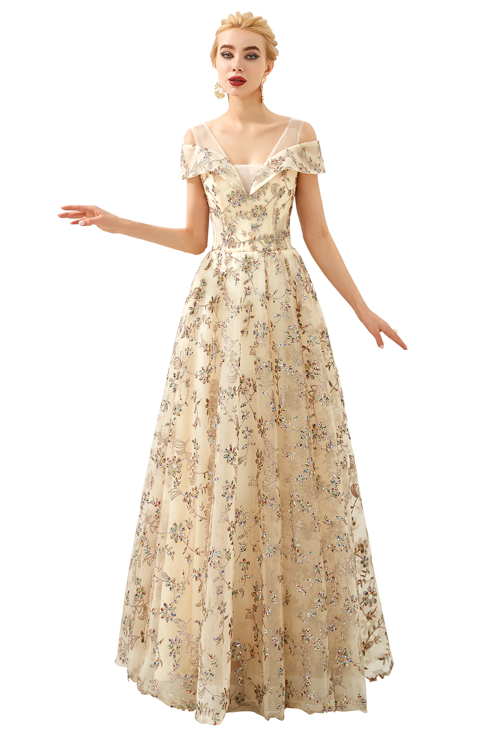 Long V-neck Tulle A-line Formal Floor-length Prom Dress