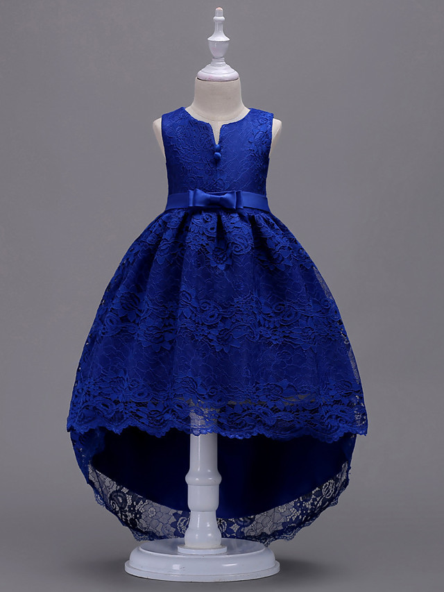 Princess Asymmetrical Wedding / First Communion Flower Girl Dresses - Lace / Satin / Tulle Sleeveless V Wire With Lace / Belt / Bow(S)
