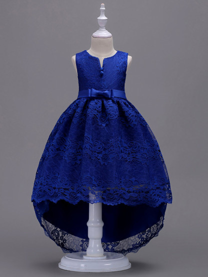 Princess Asymmetrical Wedding / First Communion Flower Girl Dresses - Lace / Satin / Tulle Sleeveless V Wire With Lace / Belt / Bow(S)