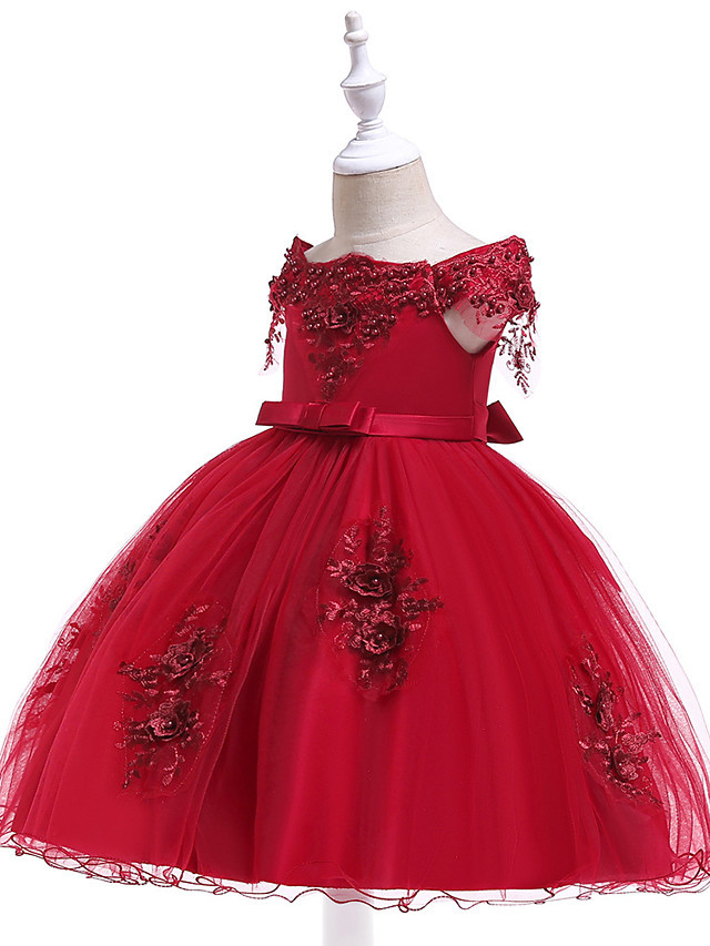 Princess Above Knee Wedding / Party / Pageant Flower Girl Dresses - Satin / Tulle Short Sleeve Off Shoulder With Lace / Beading / Appliques