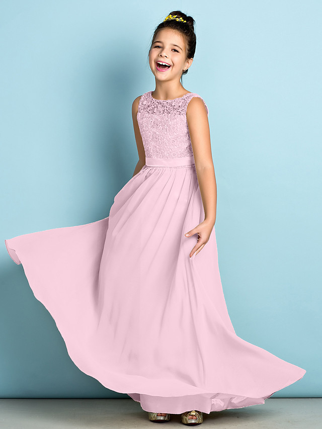 A-Line Scoop Neck Floor Length Chiffon / Lace Junior Bridesmaid Dress With Lace / Natural / Mini Me