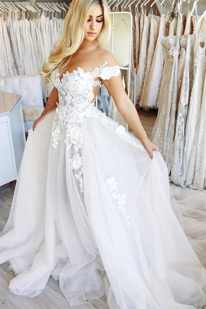 White Long A-line Off the Shoulder Chapel Train Appliques Tulle Wedding Dress