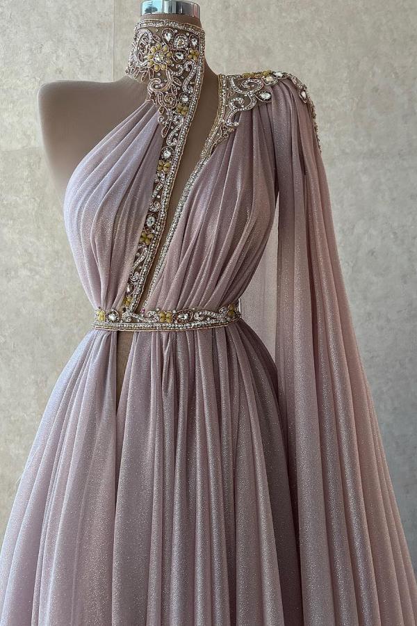 Long A-line Halter One Shoulder Chiffon Prom Dresses