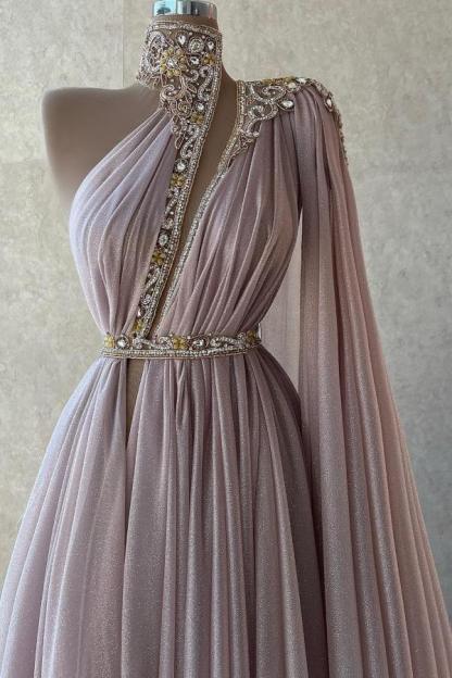 Long A-line Halter One Shoulder Chiffon Prom Dresses