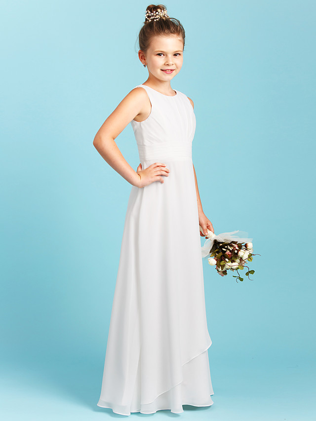 Sheath / Column Jewel Neck Floor Length Chiffon Junior Bridesmaid Dress With Pleats / Ruched / Wedding Party / Open Back