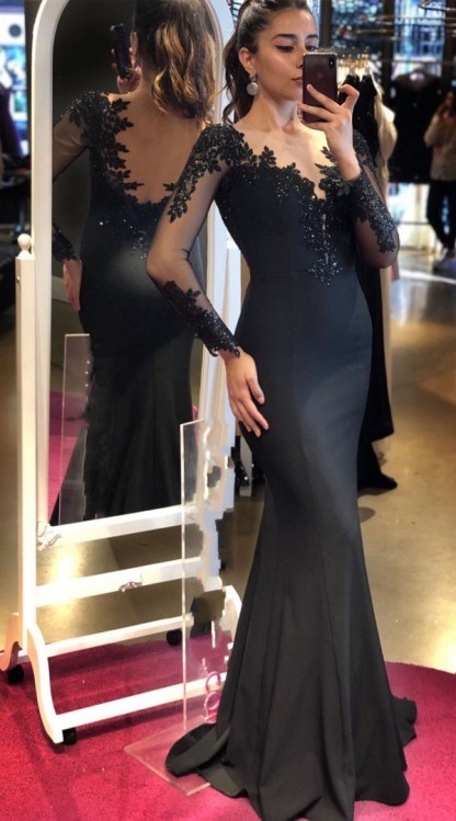 Unique Black Sweetheart Long Sleeve Backless Appliques Lace Floor-length Satin Mermaid Prom Dress