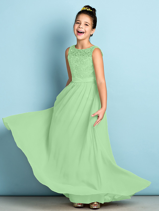 A-Line Scoop Neck Floor Length Chiffon / Lace Junior Bridesmaid Dress With Lace / Natural / Mini Me
