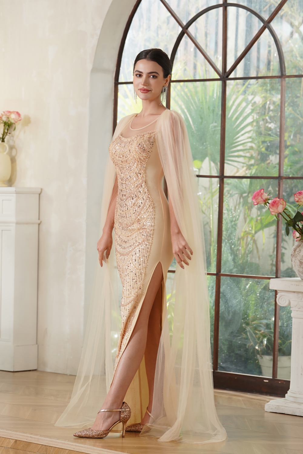 Champagne Long Mermaid Scoop Neck Tulle Formal Prom Dress with Cape