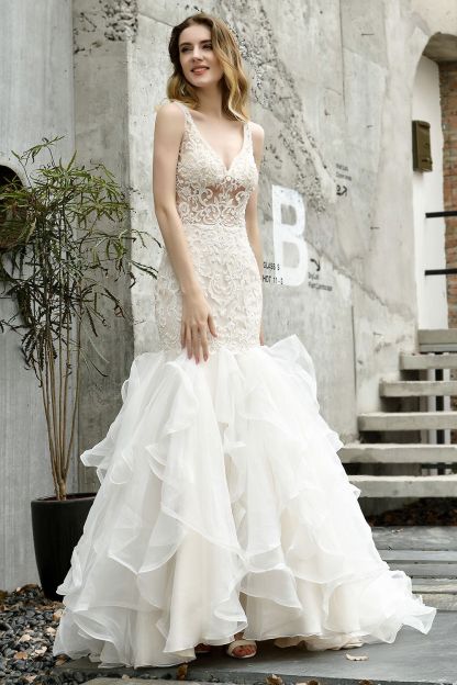 Ivory Long Mermaid V-neck Lace Tulle Ruffles Wedding Dress