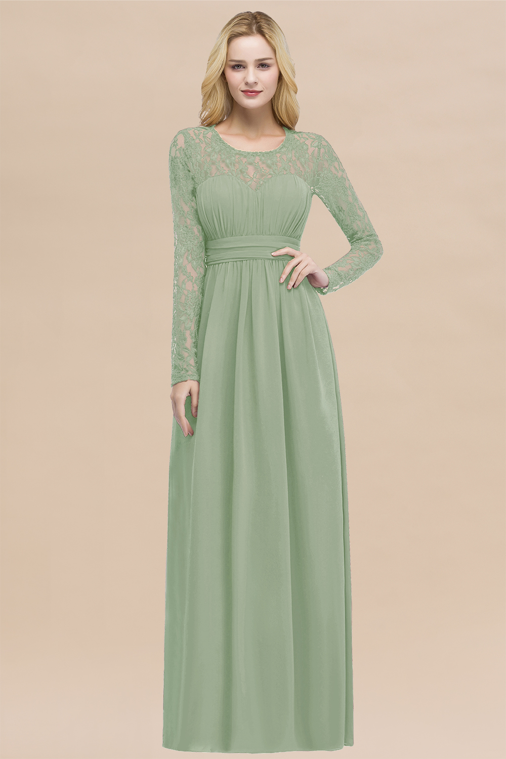 Elegant A-Line Chiffon Jewel Long Sleeves Ruffles Floor-Length Bridesmaid Dresses