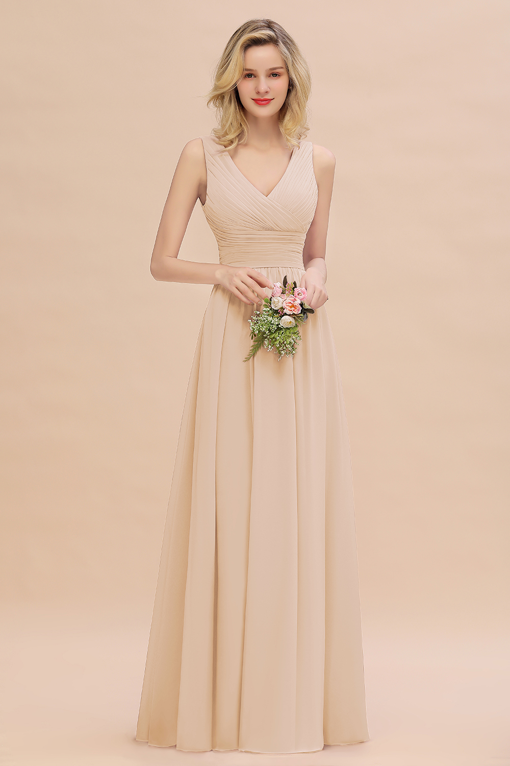 Elegant A-line V-Neck Ruffles Long Bridesmaid Dress