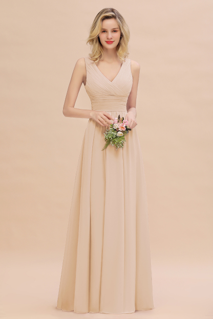Elegant A-line V-Neck Ruffles Long Bridesmaid Dress