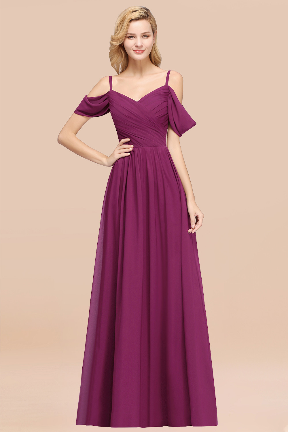 A-Line Chiffon V-Neck Spaghetti Straps Short-Sleeves Floor-Length Bridesmaid Dresses with Ruffles