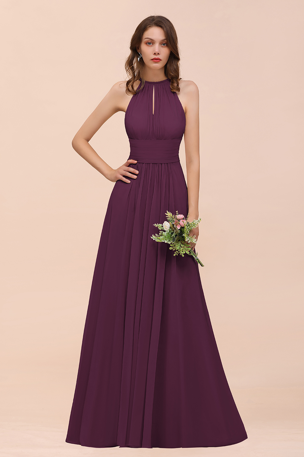 Elegant Long A-Line Jewel Ruffle Chiffon Champagne Bridesmaid Dress