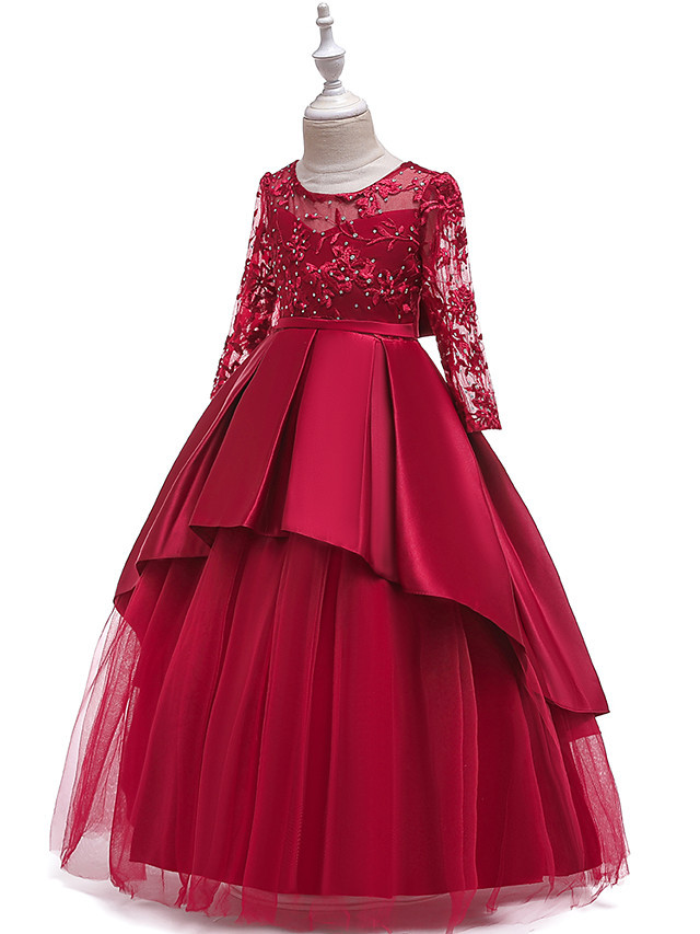 Princess Floor Length Wedding / Party / Pageant Flower Girl Dresses - Lace / Satin / Tulle Long Sleeve Jewel Neck With Lace / Belt / Crystals