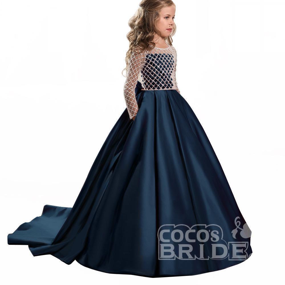 White Scoop Neck Long Sleeves Ball Gown Flower Girls Dress